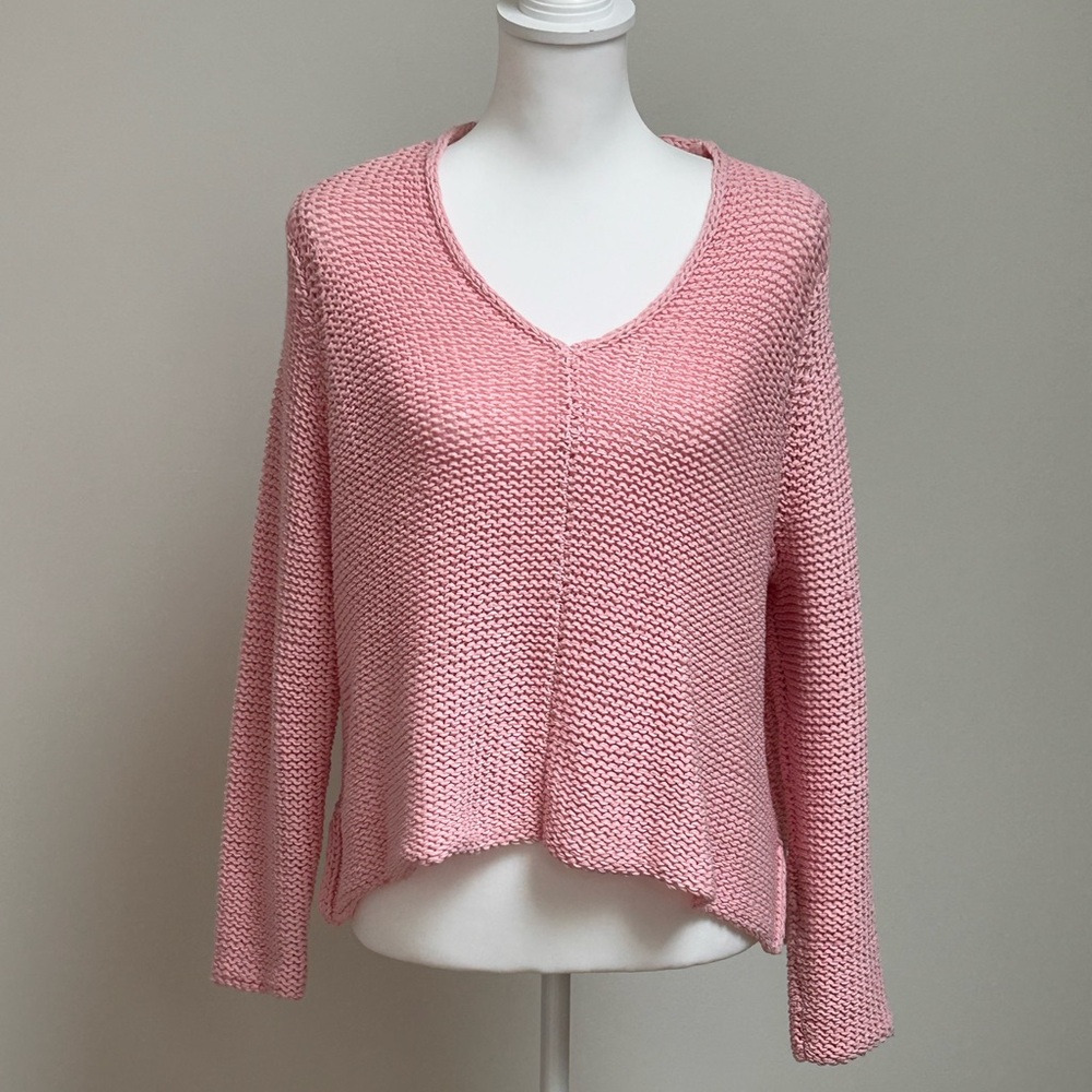 Pink Cotton V-Neck Open-Knit Sweater